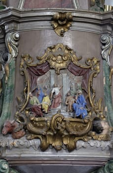 Jesus in the temple, the pulpit in the Saint Dominic Parish Church in Konjscina, Croatia