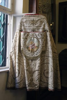 Gold-embroidered church vestment, mantle, Abbot's treasury in the Saint Mark Church in Korcula, Korcula island, Croatia