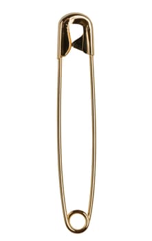 Golden metal safety pin on isolated background, close up