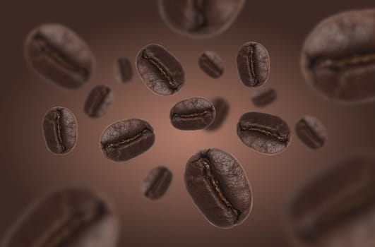 Roasted coffee beans levitate on a brown background, motion dynamics