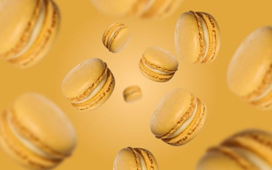 Yellow macarons with white cream levitate on a yellow background, delicious dessert