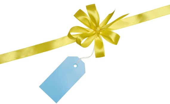 Yellow silk ribbon and bow, blue paper tag for congratulations. Isolated background