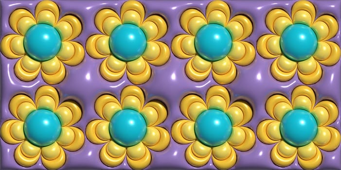A repeating pattern consisting of repeating floral elements with yellow petals and blue centers on a purple background. 3D rendering illustration