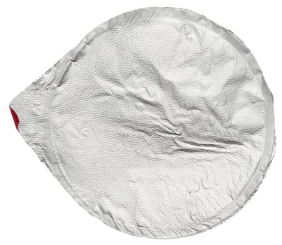Round aluminum thin lid for plastic yogurt jars, sour cream on a white background, top view