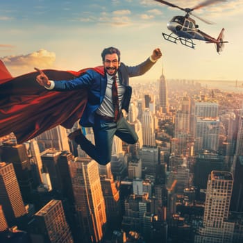A joyful man in a superhero costume with a cape flying high above a modern cityscape, with skyscrapers and a helicopter in the background