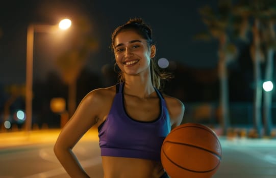 A joyful athletic woman is posing with a basketball, with streetlights illuminating the scene in the evening
