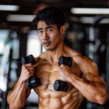 A muscular man with focused expression is working out in a gym setting, holding dumbbells with blurred fitness equipment in the background