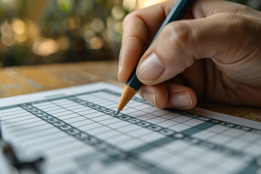 A detailed close-up shows a person's hand holding a pencil and filling in answers on a crossword puzzle