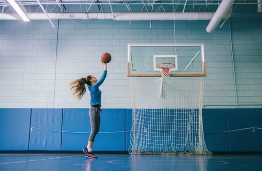 A female athlete is captured in the action of shooting a basketball towards the hoop in an indoor basketball court setting