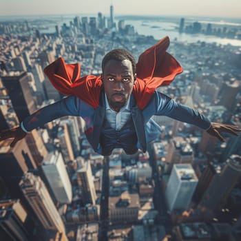 A person dressed as a superhero with a red cape flies above a sprawling urban cityscape, depicting strength and adventure