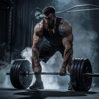 A muscular, athletic man in a gym focused on lifting a heavy barbell during an intense strength training session