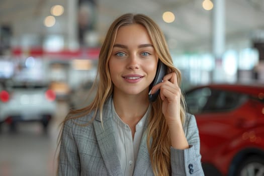 A smiling young woman with blonde hair is talking on a cellphone in a car dealership with cars and lights in the background