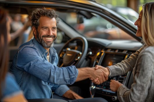 A smiling man in the driver's seat shaking hands with a woman, possibly finalizing a car purchase The car interior looks modern and upscale