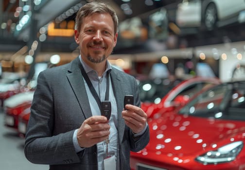 A cheerful adult male in a suit smiles as he holds up car keys, standing in a car showroom with vehicles in the background