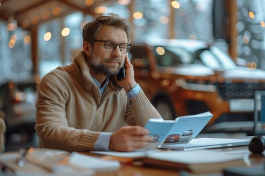 A sophisticated man in glasses converses on his mobile phone, holding paperwork in a well-lit, cozy room with a car in the background