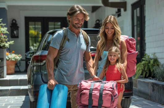 A joyful family with luggage preparing for a journey, standing in front of their home and car, exuding adventure, excitement for travel destinations, and fun