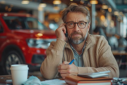 A mature man with glasses is seen working at a table with papers and a smartphone, in a cafe or office setting