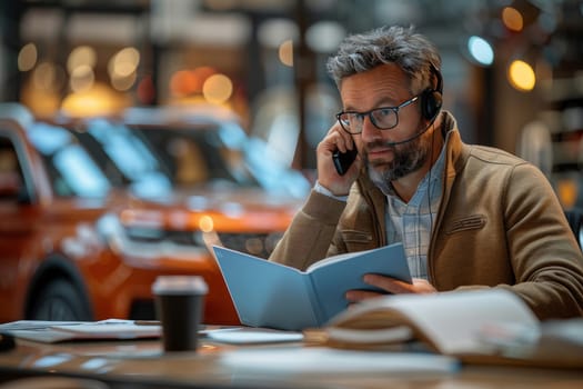 An individual is engrossed in reading a book while wearing headphones, with cars and a blurred cafe environment in the background