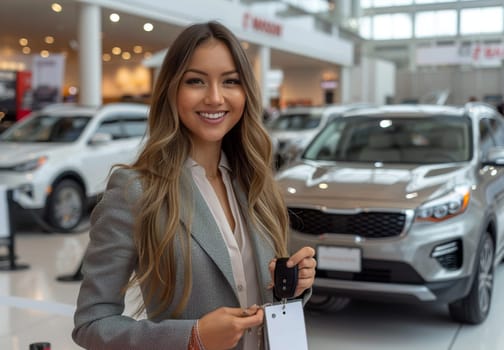 Confident female car sales agent at dealership showroom holding keys, with cars in background Represents customer service and purchase satisfaction