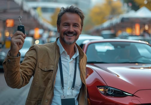 Smiling man in a brown jacket proudly holding up car keys with a sleek red performance car in the blurry background