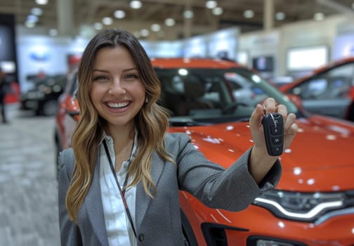 A cheerful woman stands in front of a new car displaying keys, indicating a purchase or ownership at a car showroom