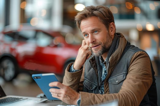 A middle-aged man appears pleased as he holds a phone in a car showroom, possibly considering a purchase