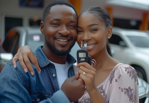 A joyful African couple posing together while displaying a new car key, symbolizing a recent purchase or ownership