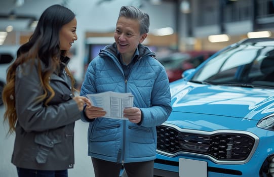 A man and woman stand in front of a blue Kia car in a showroom, engaged in conversation over a car brochure