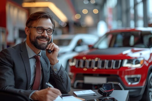 A cheerful, well-dressed businessman is making a phone call and writing in a notebook at a car dealership, with a red SUV in the background