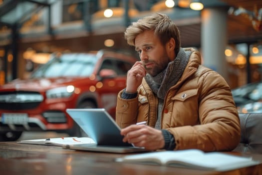 A bearded man in a warm jacket and scarf is focused on his tablet in a lit shopping mall with cars on display