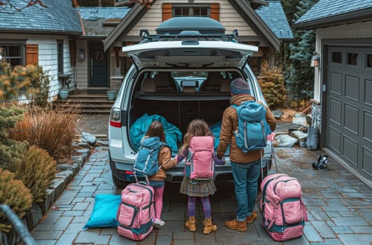 A family of four is seen from behind packing the car boot with bags for a trip, emphasizing the themes of bonding and preparation
