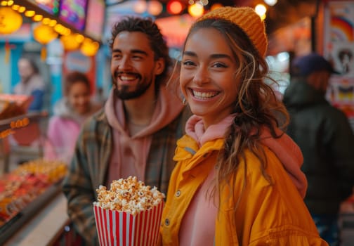 A man and a woman stand next to each other, each holding a bucket of popcorn at the cinema. They appear engaged as they wait to enter the movie theater, surrounded by other moviegoers and cars parked outside.