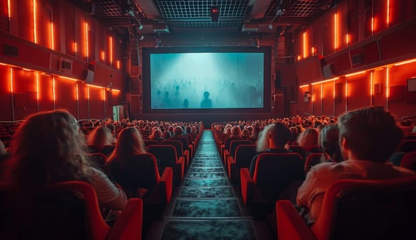 A perspective shot of a full house in a cinema with attendees immersively watching a blockbuster