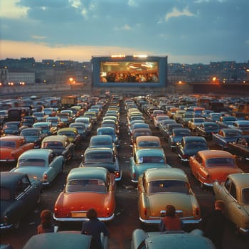 Classic outdoor drive-in cinema filled with vintage cars under a twilight sky
