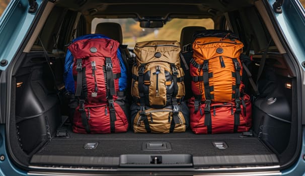 Three colorful backpacks neatly packed in a vehicle's trunk, showcasing preparation and anticipation for a road trip adventure The image captures the essence of travel and exploration with a focus on the concepts of packing, journey, and the excitement of a new discovery nestled in the back of a motor vehicle