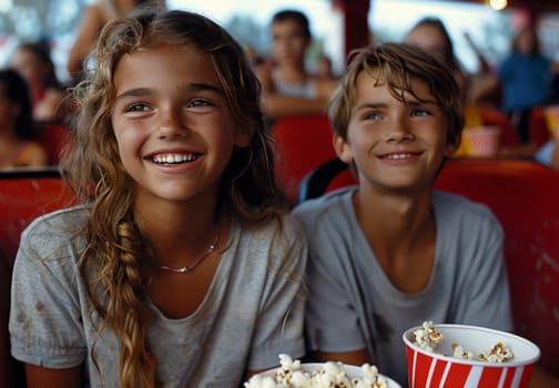 Two children, a boy and a girl, are seated next to each other at a table. They appear engaged in conversation or a shared activity.