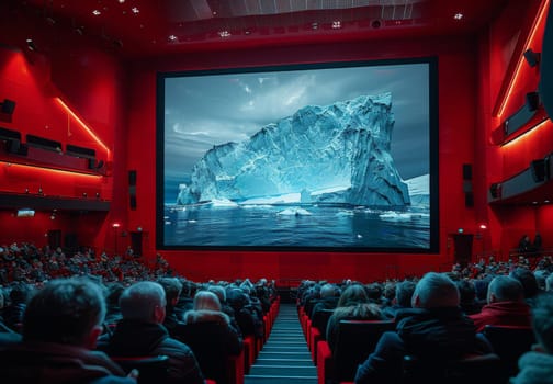 A captivated audience in a red theater viewing a movie featuring a icy landscape