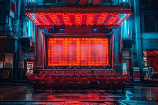 A vibrant outdoor cinema entrance with neon lights reflecting on the wet ground under a rainy sky