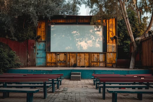A rustic outdoor movie screening venue with colorful benches and a weathered screen