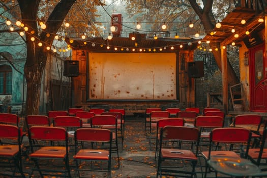 An outdoor cinema space with red chairs and string lights in an ambiance of twilight