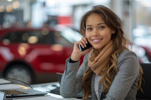 A cheerful young woman is having a phone conversation while sitting with a laptop in a car dealership, with cars in the background