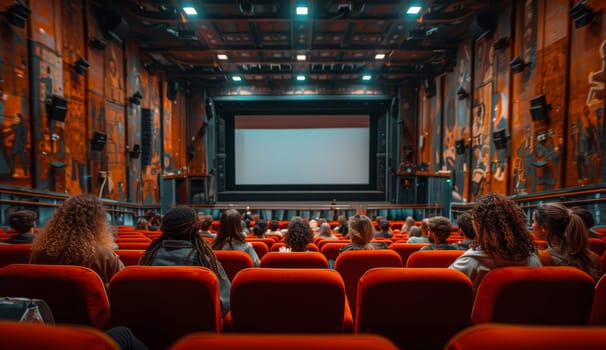 A photo of an empty cinema auditorium with red seats and a blank screen, creating an atmosphere of anticipation