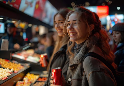 Two joyful women holding drinks and popcorn smile brightly at a movie theater concession stand