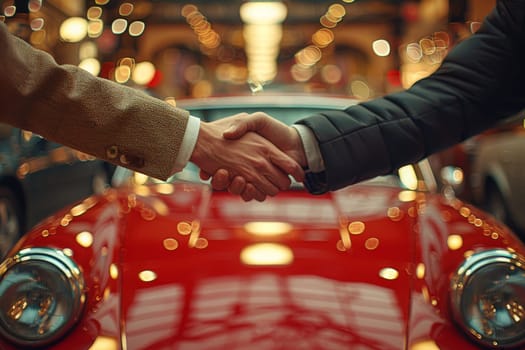 Two individuals shaking hands in front of a vintage red car with a blurry lights background, likely signifying a deal or agreement at an auto show