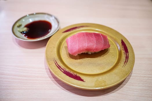 Chutoro sushi in the plate. Sushi is a type of food preparation originating in Japan.