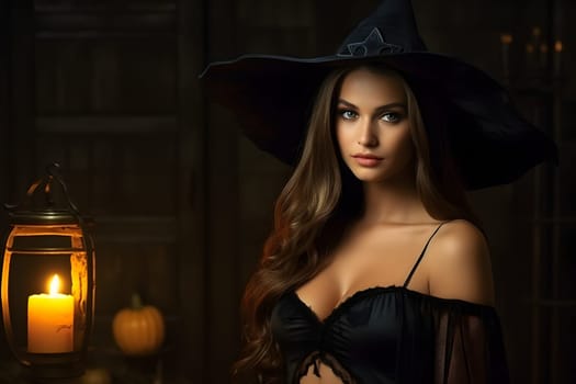 Elegant Caucasian woman dressed as witch for Halloween, standing by a lit lantern and a pumpkin in a dark setting.