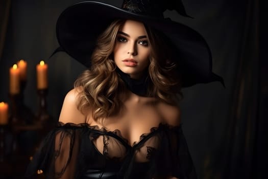 A stunning woman is elegantly dressed as a witch, wearing dark lingerie, a black hat, with candles in the background