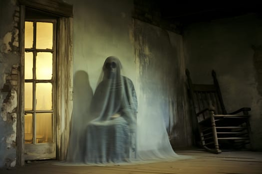 Spooky ghost figure in an aged, abandoned house with a rocking chair and eerie lighting creates a haunting atmosphere