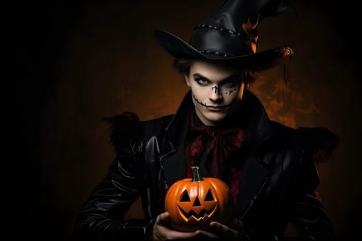 Young adult Caucasian man with makeup wears a scary Halloween costume, holding a carved JackOLantern in a dark setting, creating a spooky atmosphere