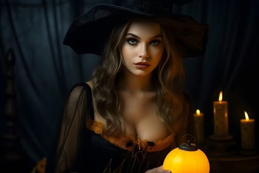 A stunning woman dons a witch costume, clutching a radiant lantern in candlelight, exuding mystery and elegance